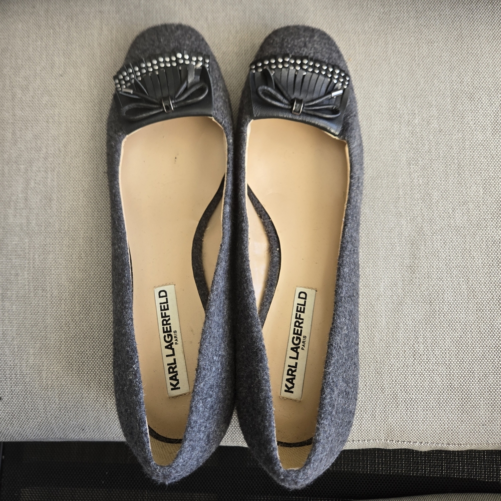 Karl Lagerfeld Paris Cindy Gray & Black Wool Block Heel Shoes Size 10 - Picture 5 of 10